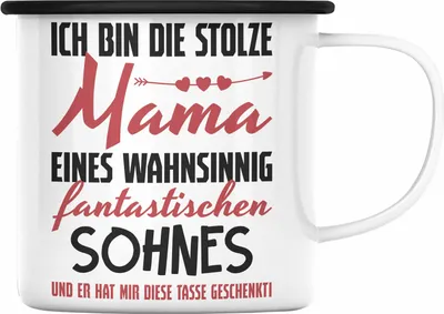 Produktbild von Trendation - Mama Geschenk von Sohn Emaille Tasse Geschenkidee Muttertag Emaille Emaille Tasse Spruch (Schwarz)
