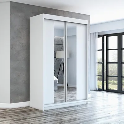 Produktbild von Schwebetürenschrank, 2-türig Schrank mit Spiegel! Moderne Garderobe für Kleidung. Verschiedene Farben (Weiß, Schwarz, Somona) Kleiderschrank NEO 120 cm
