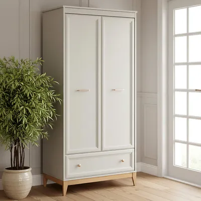 Produktbild von Belmy Kleiderschrank 193 cm beige Kaschmir VIENNA – klassischer Garderobenschrank mit 2 Türen, Kleiderstange, 4 Einlegeböden, Eichenfüße, Soft-Close