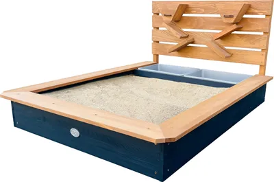 Produktbild von AXI Lina Sandkasten aus Holz mit Behältern für z.B Wasser, Sitzbank & Spielwand | Sandkasten in Anthrazit & Braun inklusive Trichter | Mit Plane & Bodentuch | 105x100x58,5 cm