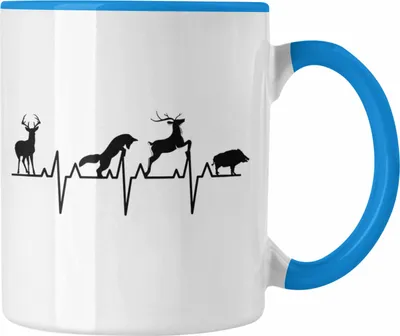 Produktbild von Trendation - Jäger Geschenke für Männer Tasse Geschenkidee Herzschlag Reh Wildschwein Hund (Blau)
