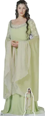 A full-body cardboard cutout of a woman in a long green and cream dress, with a smaller version of the same cutout at her feet.