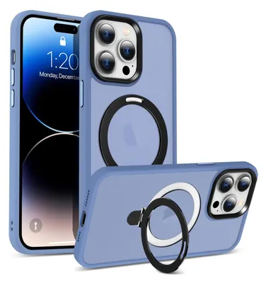 Two blue iPhone cases with magnetic ring holders are displayed against a white background. One case is shown from the front, displaying the iPhone screen, and the other is shown from the back.
