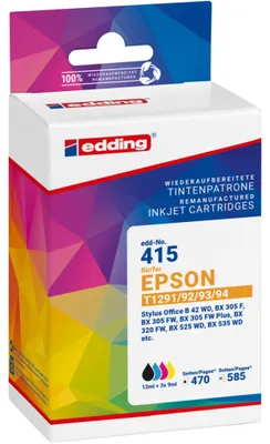 Produktbild von EDDING EDD-415 - Tinte auf Pigmentbasis - Schwarz - Cyan - magenta - Gelb - Epson - Multi pack - Epson Office B42WD / BX305F / BX320FW / BX525WD / BX535WD / BX625FWD / BX630FWD / BX635FWD /... - Tintenstrahldrucker