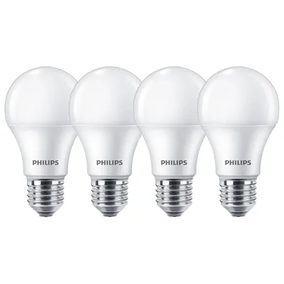 Four Philips LED light bulbs are arranged in a row against a white background.