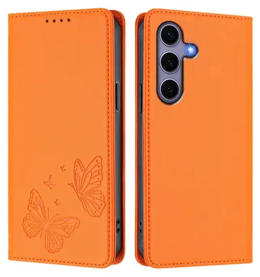 Produktbild von Lederhülle für Samsung Galaxy S25 / S24, Schmetterling Prägung Leder Brieftasche Schutzhülle mit Ständer Orange