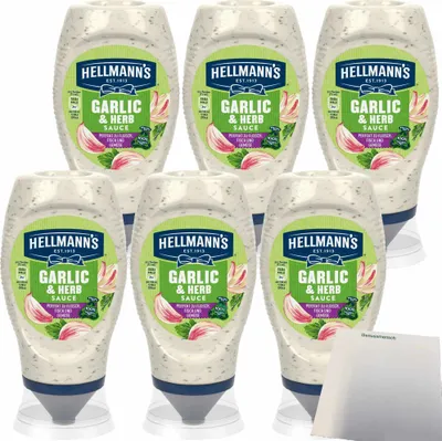 Produktbild von Hellmann´s Grillsauce Garlic&Herb Knoblauch+Kräuter perfekt zu Fleisch Fisch und Gemüse 6er Pack (6x250ml Flasche) + usy Block
