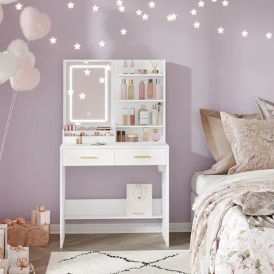 Image de Table de maquillage - Coffret à bijoux - Armoire à miroir - Meuble de rangement - Blanc - Éclairage LED réglable