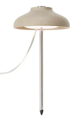 A close-up studio shot of a gray LED plant light with a silver telescopic stake.
