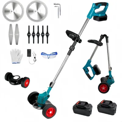 Produktbild von Akku-Rasentrimmer 21V mit 2 Akku und Ladegerät,Faltbarer Unkrautfresser, 3 Arten Klinge, Teleskop-Stiel & Zusatzhandgriff, mit Rädern für Rasen,Garten