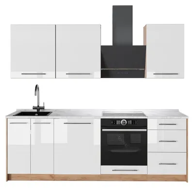 Image de Cuisine Vicco Fame-Line Blanc Haute brillance/Chêne de force doré 230cm, PT Marbre, Model 63999