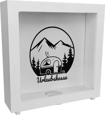Produktbild von Urlaubskasse Rahmen Spardose aus Holz in schwarz-weiß mit Wohnwagen - Camping