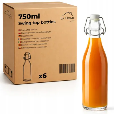 Obrázek produktu pro Skleněná láhev 750 ml s patentním uzávěrem, sada 6 ks – lahev swing top na vodu, limonádu a šťávu, prázdná k plnění