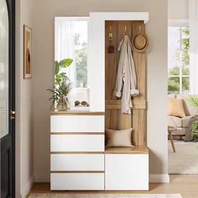Productafbeelding van Flieks Garderobeset: Kommode met spiegel, combinatie voor de hal met deur en opbergruimte, garderobe met lades en haken, wit en naturel, 100x35x180cm, spaanplaat