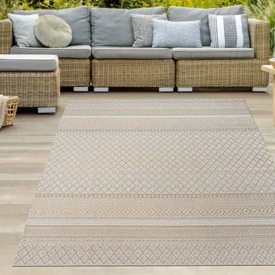 Produktbild von In- & Outdoorteppich im Ethno-Design – Modernes Rauten-Muster in Beige-Gelb Größe - 240 x 340 cm