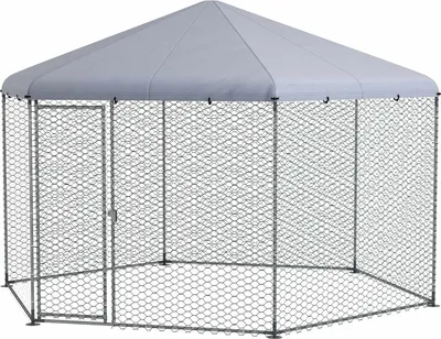 Produktbild von Hühnerstall 400 x 346 x 263 cm Freilaufgehege aus Stahl, Hühnerkäfig mit Abdeckung, Tür, Hühnergehege für 10-15 Hühner, Kleintiere, Grau