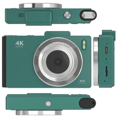 Image de Appareil photo numérique rétro - Appareil photo pour enfants - Résolution 48 MP - Écran HD de 7,1 cm - Double objectif - Autofocus - Zoom numérique 16x - Mémoire de 64 Go - Vert