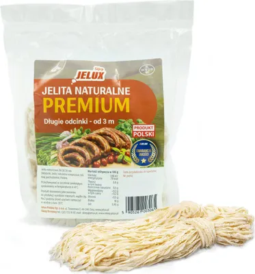 A package of natural sausage casings with a picture of sausages and ingredients on the front, and loose casings in the foreground.