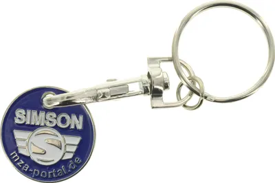 Produktbild von Schlüsselanhänger, Einkaufwagenchip aus Metall mit Logo, beidseitig geprägt - inkl. Ring mit Karabinerhaken