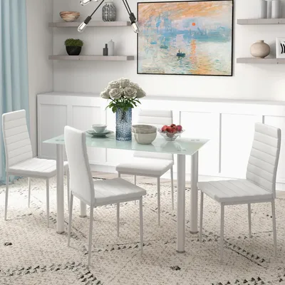 Produktbild von Sweiko 5-tlg. Essgruppe Sitzgruppe Esstisch mit 4 Stühlen, modernes Design, Glastisch, Weiß