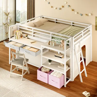Productafbeelding van MODFU Hoogslaper 140x200, tienerbed met bureau en stoffen lades, kinderbed met LED-verlichting, metalen bedframe met opbergruimte, zonder matras, wit