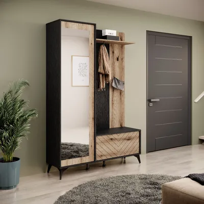 A hallway with a modern wardrobe set, a door, and a plant.