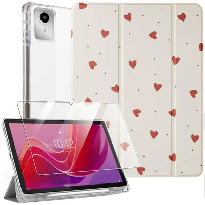 Image de Coque + Verre Trempé pour Lenovo Tab M11 2024, Housse Antichoc avec Porte-Stylet - Motif Cœur