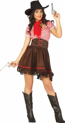 Produktbild von Cowgirl Kostüm Wilder Westen Klassisches Design Karneval Schick Mit Fransen Rotes Karomuster Cowboyhut Fasching, Größe: 36 - 38 (S) Farbe: Braun