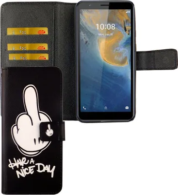 Productafbeelding van ZTE Blade A31 hoesje, telefoonbescherming, flip-case met kaarthouder, kleur: "Have A Nice Day" zwart