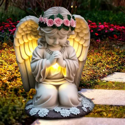 Image de Décorations funéraires résistantes aux intempéries, figurines funéraires à énergie solaire avec éclairage solaire, anges résistants aux intempéries pour la décoration funéraire, anges à LED pour la décoration funéraire en extérieur