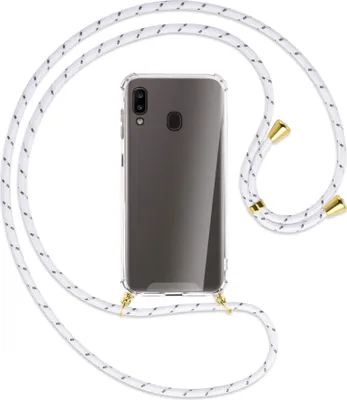 Produktbild von Handykette Backcover-Schutzhülle mit Band (Metall goldfarben) für Samsung Galaxy A20e - weiß/grau