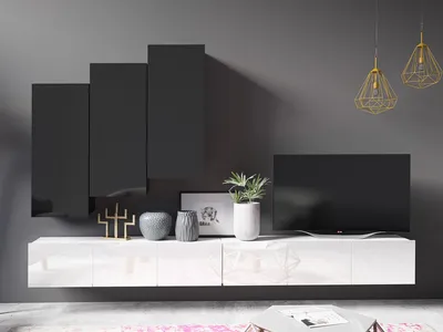 Produktbild von Wohnwand CALABRINI-20 Wohnzimmer-Set Hängewohnwand Schrankwand Schrank TV-Schrank Moderne Anbauwand Hochglanz (Schwarz / Weiß)