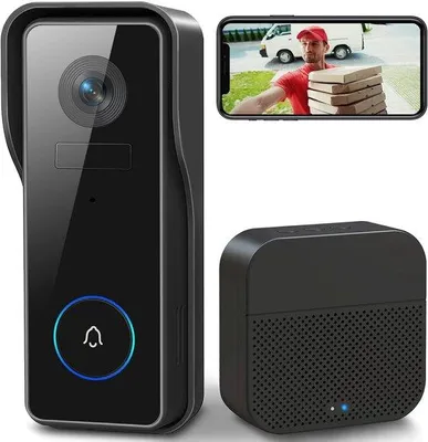 Image de Sonnette vidéo sans fil avec caméra - Sonnette intelligente sans abonnement - Sonnette vidéo à piles, avec sonnerie et cloche - Noire, fonctionnant à piles, sans frais mensuels, idéale pour tous les logements.