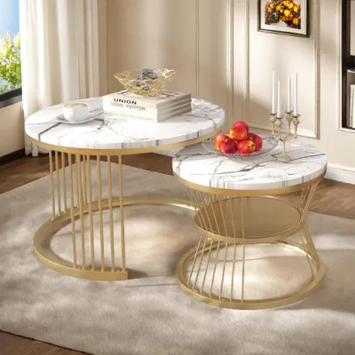 Produktbild von UnboxG 2er Set Nesting Couchtische 70/45 cm mit Stauraum, weiße Marmoroptik, goldener Metallrahmen für Wohnzimmer