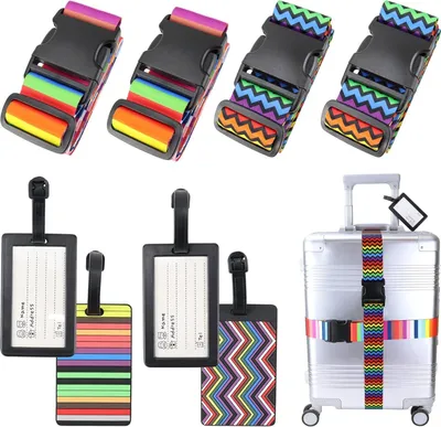 Produktbild von 4 Stück Koffergurt mit 4 Gepäckanhänger Kofferband Gurt Bunt Gepäckgurt Travel Accessories,Suitcase Strap Adjustable Multifunktional Luggage Strap für Koffer Gurtband Koffergurte,Regenbogen+Welle