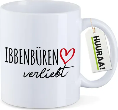 Produktbild von Huuraa Kaffeetasse Ibbenbüren verliebt 330ml Weiß Keramik Kaffeebecher Geschenkidee