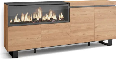 Immagine prodotto di COZY Credenza, Mobile, Cucina, 208x35x87cm, 4 Porte, Camino elettrico XXL, Rovere