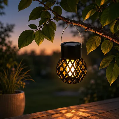 LED Solar Hängeleuchte Feuerball - Kugelleuchte mit Flammeneffekt - H: 9cm - Sensor - schwarz
