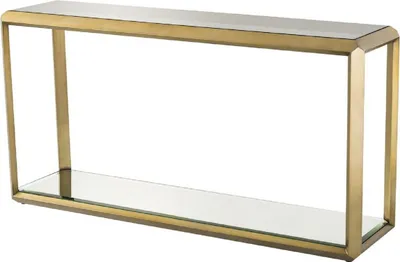 Produktbild von Casa Padrino Luxus Konsole Messingfarben / Schwarz 150 x 40 x H. 78 cm - Edelstahl Konsolentisch mit Glasplatte und Spiegelglas - Luxus Wohnzimmer Möbel