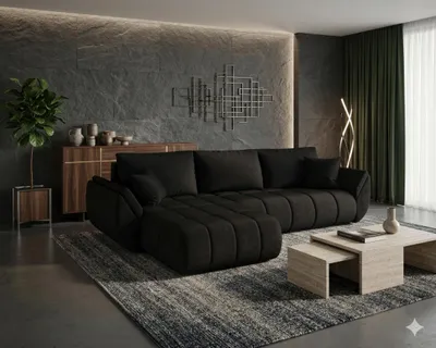 Image de Canapé d’angle SYDNEY PREMIUM gauche noir velours Monolith 97 - fonction couchage, coffre de rangement pour la literie