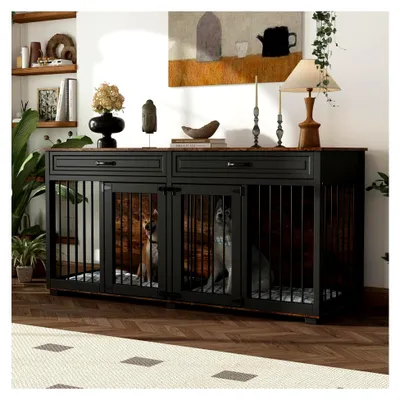 Produktbild von Hundekäfig Schrank XXL mit 2 Schubladen und 2 Türen, Hundebox für große und mittlere Hunde, Beistelltisch, Hundehütte für drinnen, Schwarz, 164 x 60 x 80 cm, Eisen