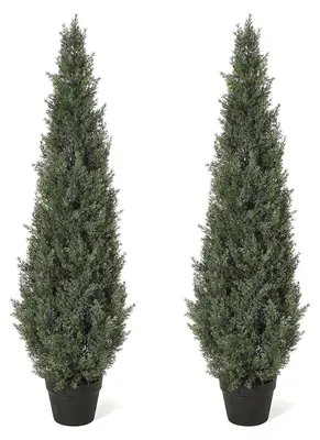 Image de Arbres de cèdre artificiels - Ensemble de 2 plantes en pot de style topiaire - Hauteur 120 cm - Cyprès en plastique à feuilles persistantes - Pour intérieur et extérieur - Décoration pour l'entrée, le jardin