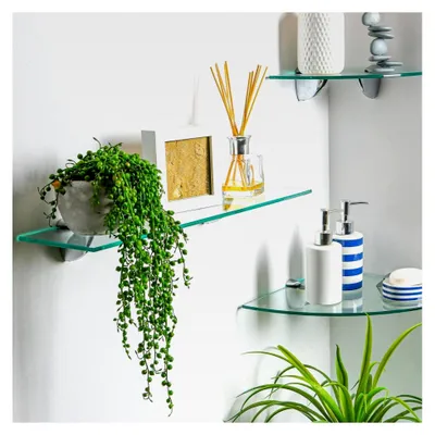 Produktbild von Schwebende Badezimmerregale aus Glas - 50 cm - Klar/Schwarz - 2X Wandmontage für Küche, Schlafzimmer, Dusche und Dekoration