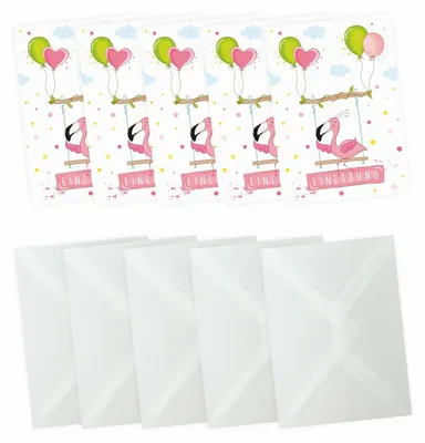 Produktbild von 10 Einladungskarten Flamingo mit GLITZER inkl. 10 transparenten Briefumschlägen Kindergeburtstag Mädchen pink rosa Einladung