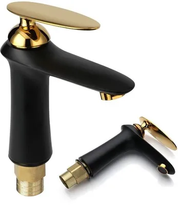 Image de Uniqoos® Robinet mitige noir pour lavabo, fabriqué à 99% en cuivre – Mélangeur pour salle de bain, finition cuivrée, anti-éclaboussures et économisant l'eau