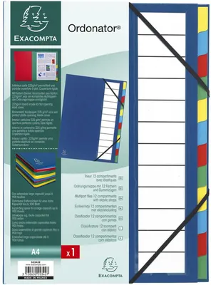 Produktbild von Exacompta 55342E Premium Ordnungsmappe Ordonator. Mit festem Einband für DIN A4 12 Fächer und 2 Gummizüge mit Indexfenster und dehnbarem Rücken Fächermappe Register-Mappe blau