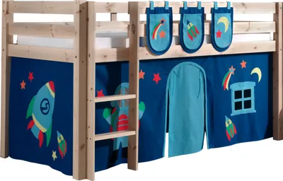 Produktbild von Vipack Spielbett Pino, Liegefläche 90x200 cm mit Textilset Vorhang und 3 Taschen "Astro"