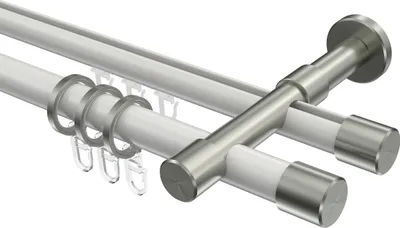 Produktbild von Interdeco Rundrohr-Innenlaufstange / Gardinenstange (Kombination) Weiß / Edelstahl-Optik, Typ Prestige Santo (Kappe), 20 mm Ø 2-läufig, 180 cm