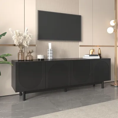 Image de MODFU Meuble TV Élégant - Design Moderne avec Panneaux Réglables, Structure en MDF, 175x38x56 cm, Noir