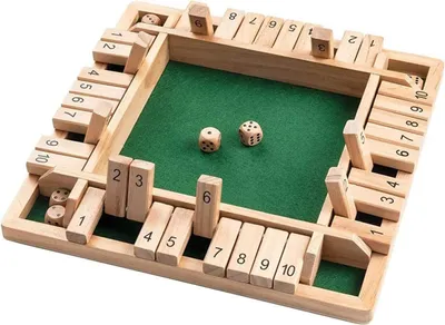Produktbild von Shut The Box 10er, Reisespiel für 2 bis 4 Spieler, Spielbrett mit 2 Würfeln, Klappenspiel, Holz, natur/grün